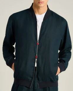 PURE LINEN JACKET WITH ZIP IN NAVY BLUE