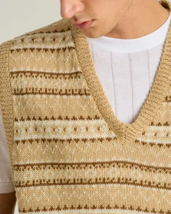 PURE LINEN V-NECK SWEATER VEST IN BEIGE BROWN