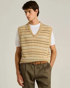 PURE LINEN V-NECK SWEATER VEST IN BEIGE BROWN