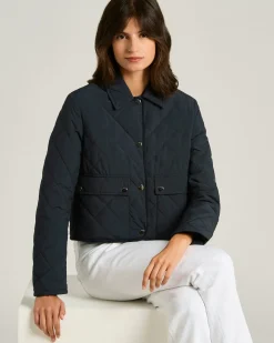 QUILTED BLUE JACKET WITH SIMPLE DESIGN WITH CALFSKIN DETAILS AND DOWN FILLING