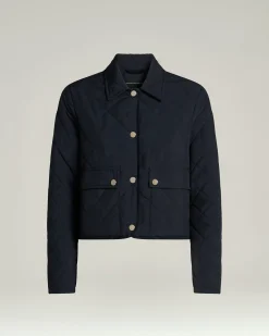 QUILTED BLUE JACKET WITH SIMPLE DESIGN WITH CALFSKIN DETAILS AND DOWN FILLING