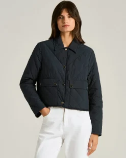 QUILTED BLUE JACKET WITH SIMPLE DESIGN WITH CALFSKIN DETAILS AND DOWN FILLING