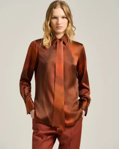 RUST-COLORED PRINTED SILK BLOUSE WITH TIE NECK