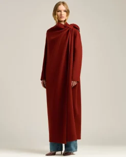 RUST LONG PURE CASHMERE COAT WITH SARTORIAL KNOT