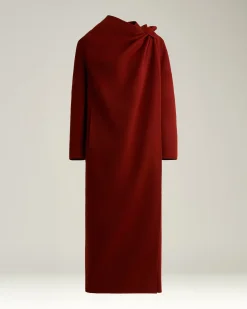 RUST LONG PURE CASHMERE COAT WITH SARTORIAL KNOT