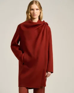 RUST PURE CASHMERE COAT WITH ASYMMETRIC DRAPING