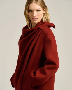 RUST PURE CASHMERE COAT WITH ASYMMETRIC DRAPING