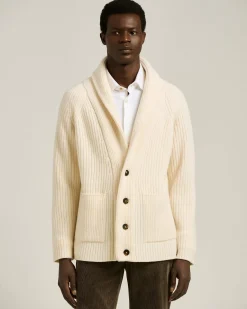 SHAWL COLLAR CARDIGAN IN WHITE WOOL AND CASHMERE