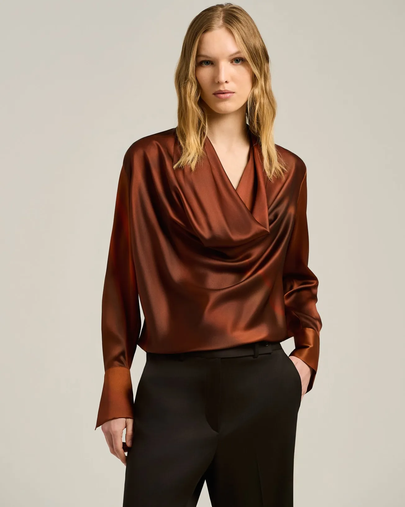 SHIRT IN PURE PRINTED SILK BROWN WITH SOFT COLLAR