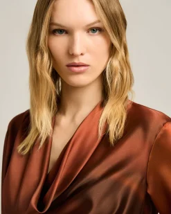 SHIRT IN PURE PRINTED SILK BROWN WITH SOFT COLLAR