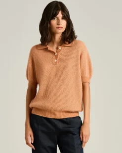 SHORT-SLEEVED CASHMERE AND SILK POLO SHIRT IN PEACH PINK AND WHITE