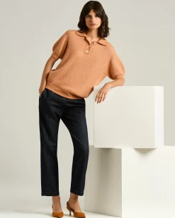 SHORT-SLEEVED CASHMERE AND SILK POLO SHIRT IN PEACH PINK AND WHITE