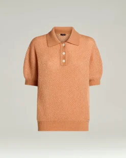 SHORT-SLEEVED CASHMERE AND SILK POLO SHIRT IN PEACH PINK AND WHITE