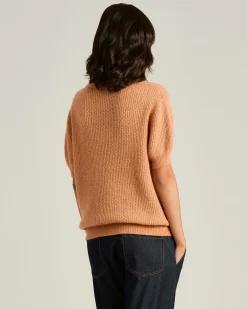 SHORT-SLEEVED CASHMERE AND SILK POLO SHIRT IN PEACH PINK AND WHITE