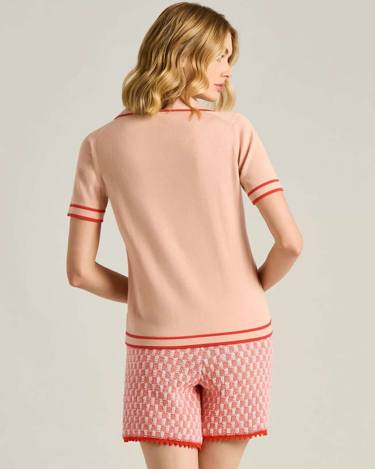 SILK POLO SHIRT WITH CONTRASTING TRIMS IN PEACH PINK AND CORAL