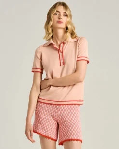 SILK POLO SHIRT WITH CONTRASTING TRIMS IN PEACH PINK AND CORAL