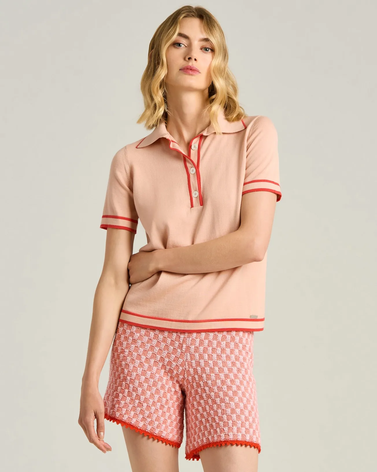 SILK POLO SHIRT WITH CONTRASTING TRIMS IN PEACH PINK AND CORAL