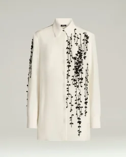 SILK SATIN SHIRT WITH HAND-EMBROIDERED DESIGN IN WHITE