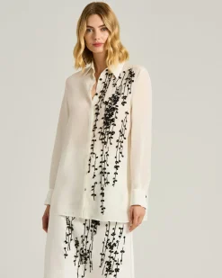 SILK SATIN SHIRT WITH HAND-EMBROIDERED DESIGN IN WHITE