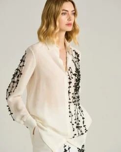 SILK SATIN SHIRT WITH HAND-EMBROIDERED DESIGN IN WHITE