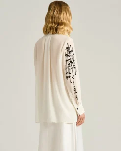 SILK SATIN SHIRT WITH HAND-EMBROIDERED DESIGN IN WHITE