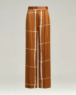 SILK SATIN TROUSERS WITH ABSTRACT PRINT IN LEATHER