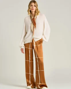 SILK SATIN TROUSERS WITH ABSTRACT PRINT IN LEATHER