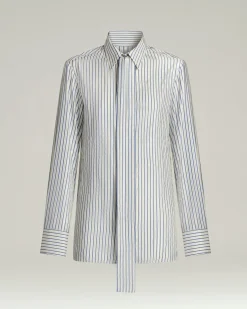 SILK SHIRT WITH TIE DETAIL WHITE AND BLUE