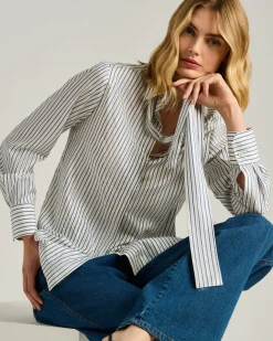 SILK SHIRT WITH TIE DETAIL WHITE AND BLUE