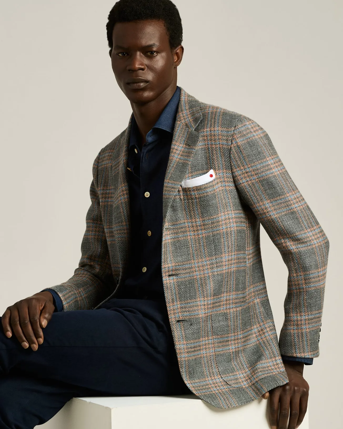SINGLE-BREASTED MEDIUM GREY PRINCE OF WALES JACKET IN CASHMERE