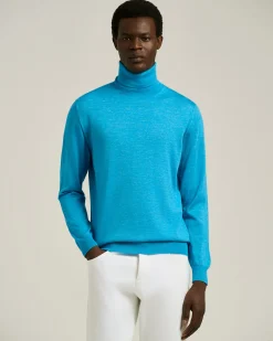 SKY BLUE SILK AND “DIAMANTE BLU” WOOL TURTLENECK