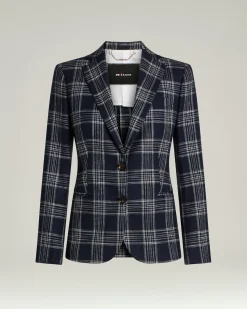TAILORED CHECKED JACKET IN BLUE SILK, COTTON AND CASHMERE BLEND