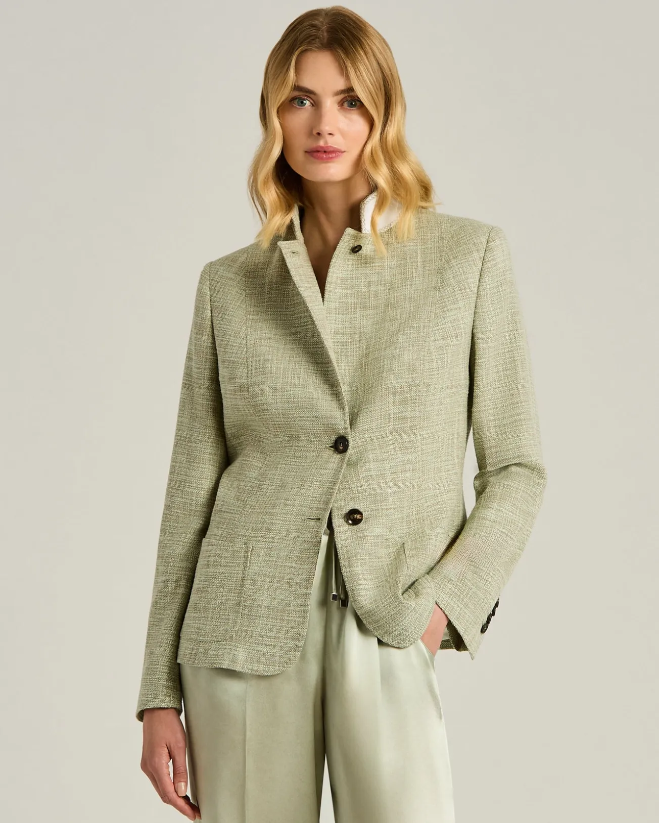 TAILORED JACKET IN FINE YARNS GREEN VIRGIN WOOL, SILK AND COTTON BLEND