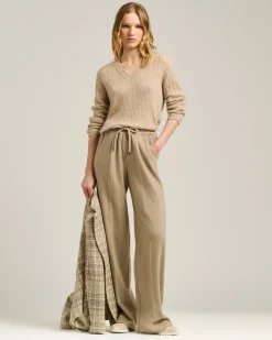 V-NECK OPENWORK SWEATER IN CASHMERE AND SILK BEIGE