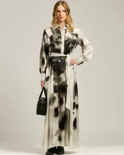 WHITE AND BLACK PRINTED LONG SILK SHIRT DRESS