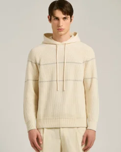 WHITE RIBBED PURE CASHMERE HOODIE